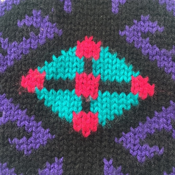 VINTAGE Awesome Pattern Sweater Purple Turquoise '80s Knit - Picture 2 of 6